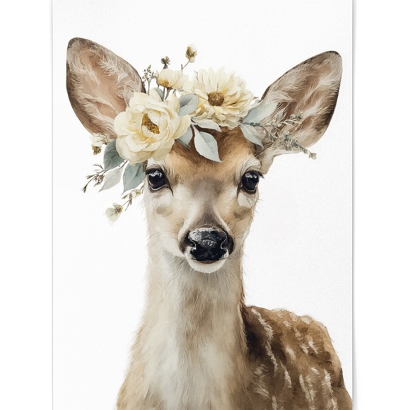 Watercolor Deer with Flower Wreath Illustration Wall Art Print Poster, Unframed - Picture 2 of 6